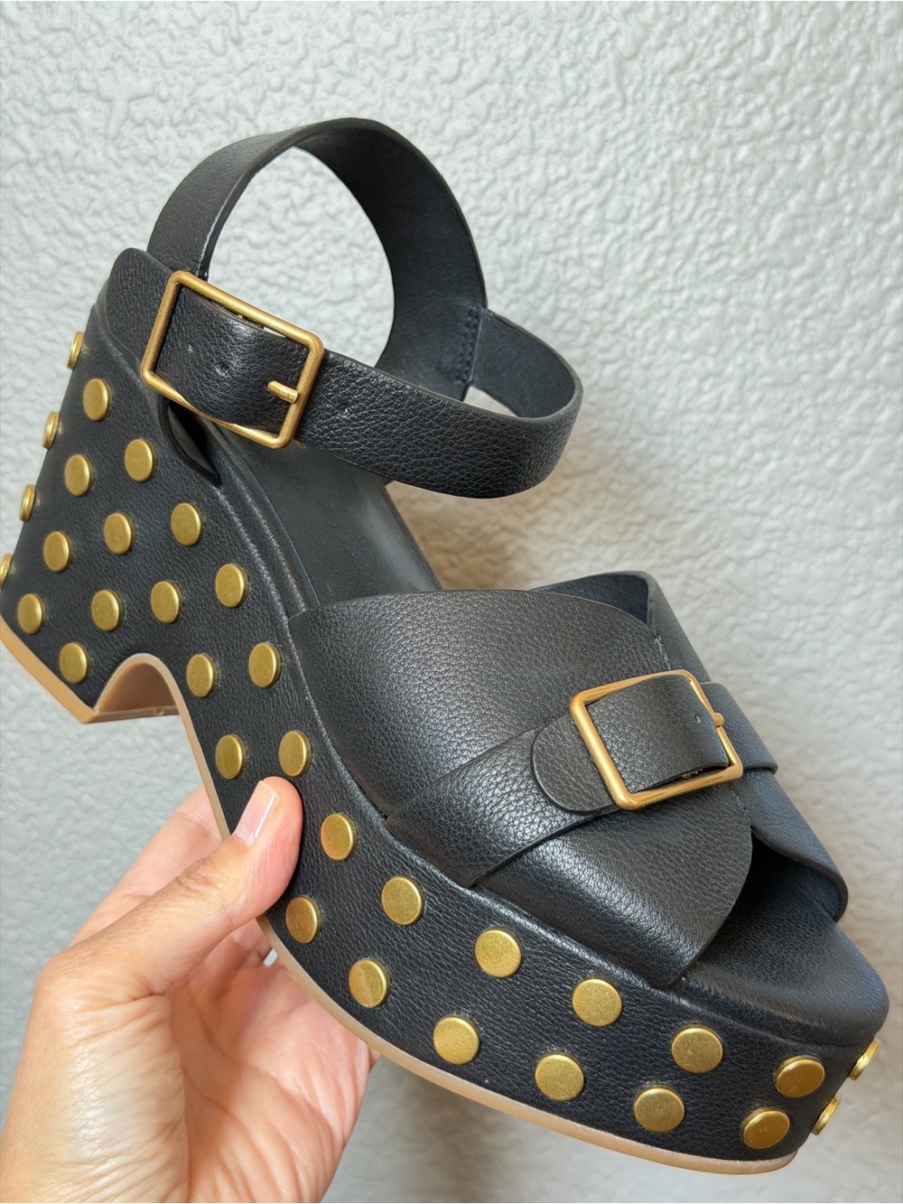 Charlotte stone black Platform Sandal with Gold studs